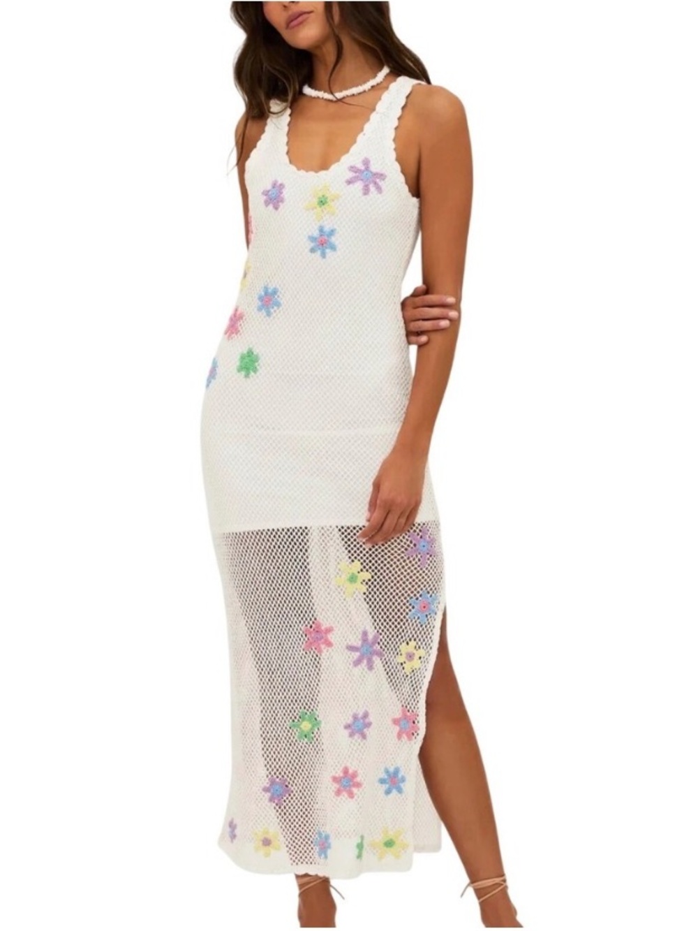 Beach Riot Diana Mesh Midi Dress Womens S White Floral Crochet Open Knit Boho